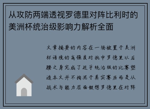 从攻防两端透视罗德里对阵比利时的美洲杯统治级影响力解析全面