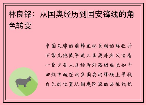 林良铭:从国奥经历到国安锋线的角色转变 林良铭:从国奥经历到国安锋线的角色转变